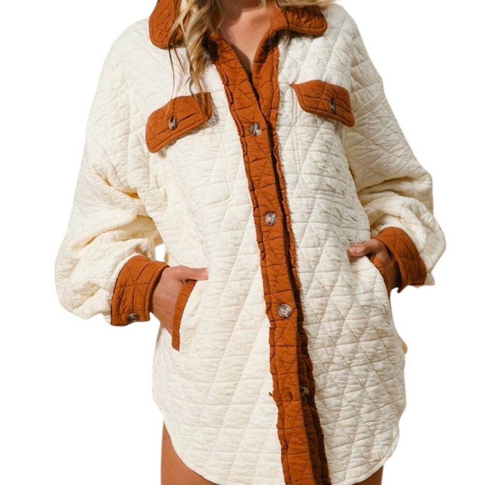 Double Take Full Size Beige Button Up Quilted Long Sleeve Fall Shacket